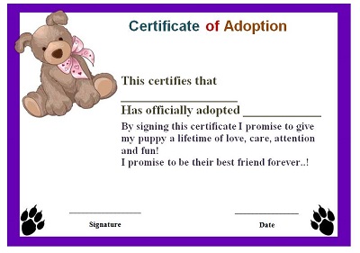 printable puppy adoption certificate