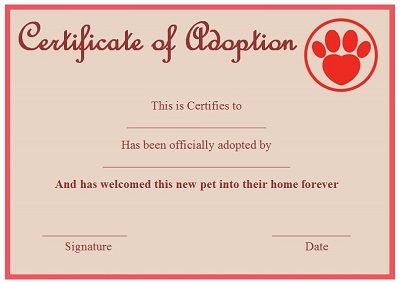 free printable pet adoption certificate