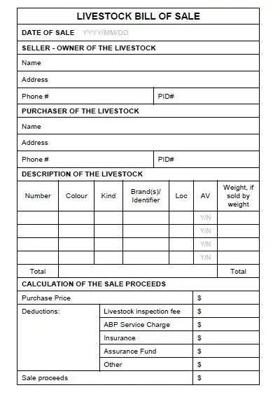 livestock bill of sale template