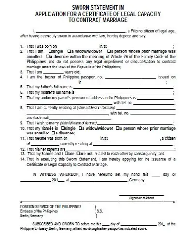 Application For A Certificate Of Legal Capacity To Contract Marriage