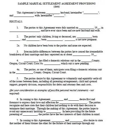 Sample Marital Settlement Agreement Provisions
