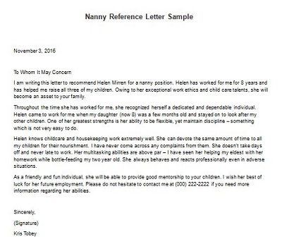 Nanny Reference Letter Sample