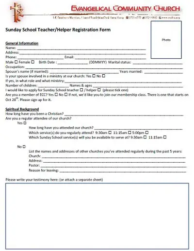 sunday school registration form template