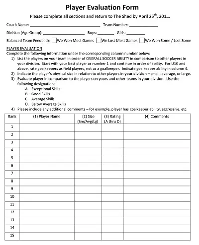 AYSO Player Evaluation Form