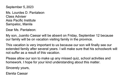 Absence Excuse Letter Due to Vacation