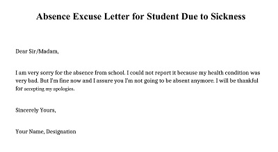 Absence Excuse Letter for Student Due to Sickness