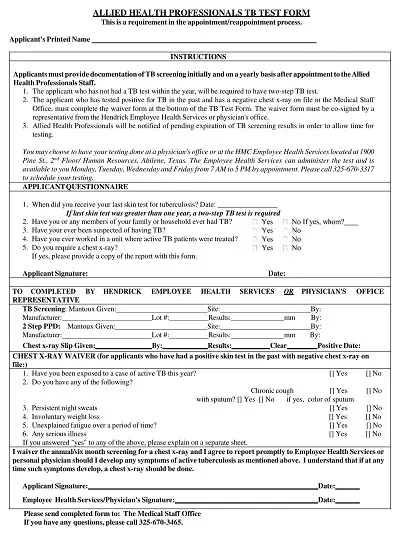 Allied Health Professionals TB Test Form