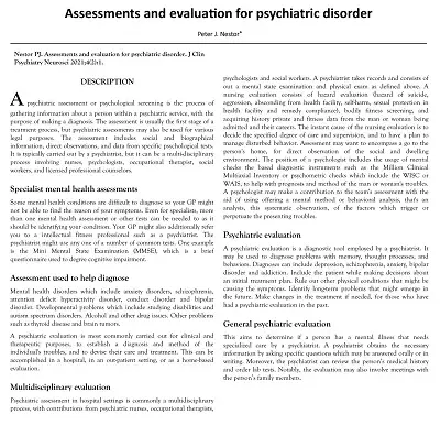 Assessment and Evaluation for Psychiatric Disorder