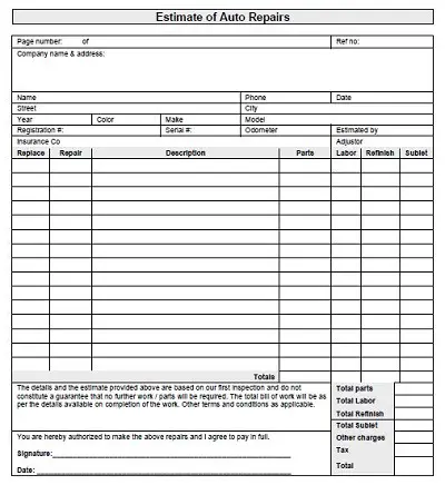 free auto body repair estimate template forms