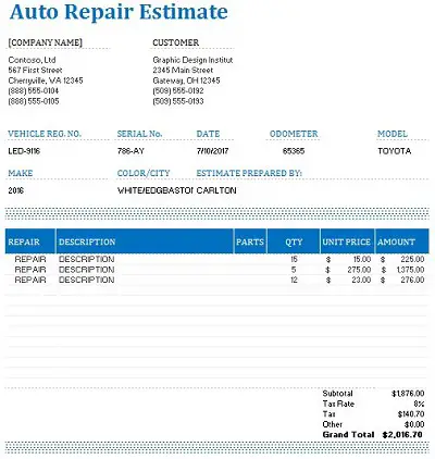automotive estimate template