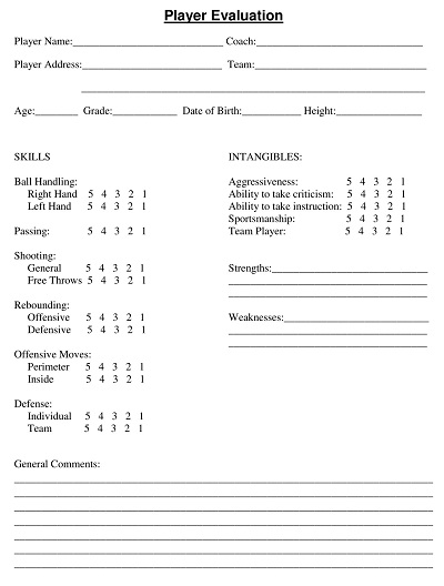 Basketball Individual Player Evaluation Form