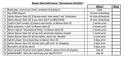Beaver Dam Golf Course Tournament Checklist