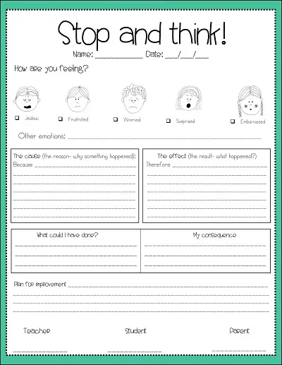 Behavior Reflection Sheet for Parents