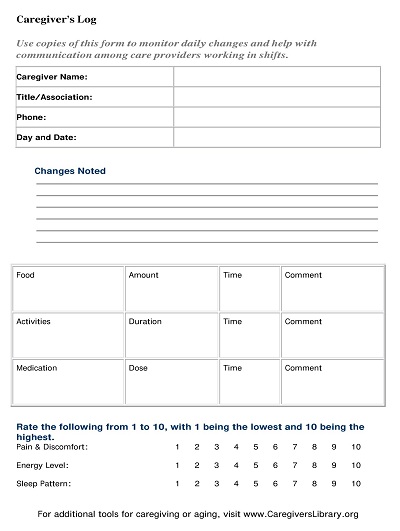 Blank Caregiver Daily Log Template
