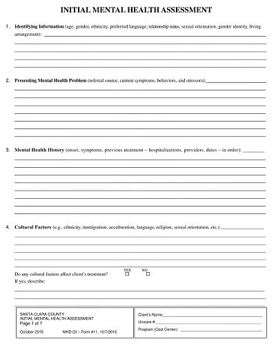 Blank Initial Mental Health Assessment Form