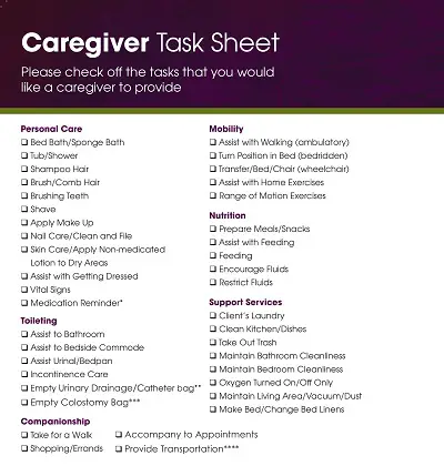 Caregiver Daily Task Sheet