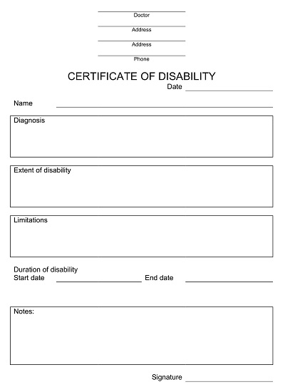 Certificate of Disability Form