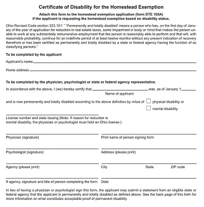 Certificate of Disability for the Homestead Exemption