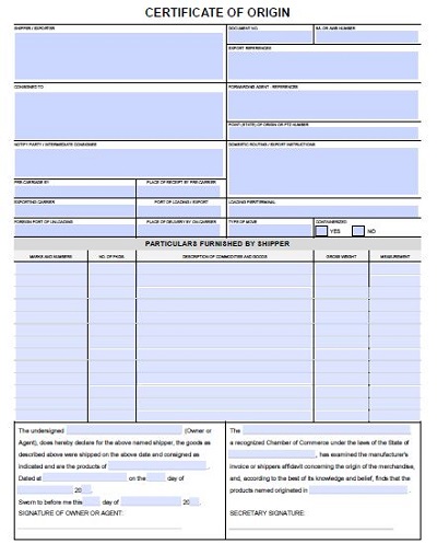 certificate of origin form template