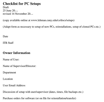 Checklist for PC Setups