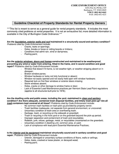 Checklist of Property Standards for Rental Property Owners