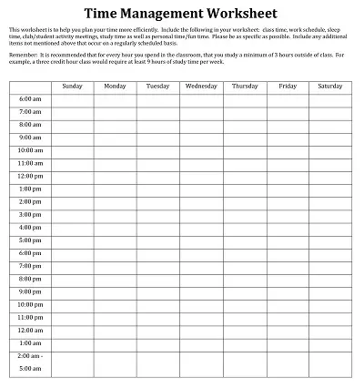 College Time Management Worksheet
