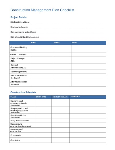 Construction Project Management Plan Checklist