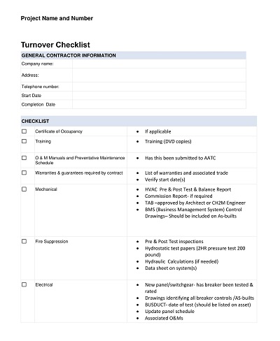 Contractor Turnover Checklist Template