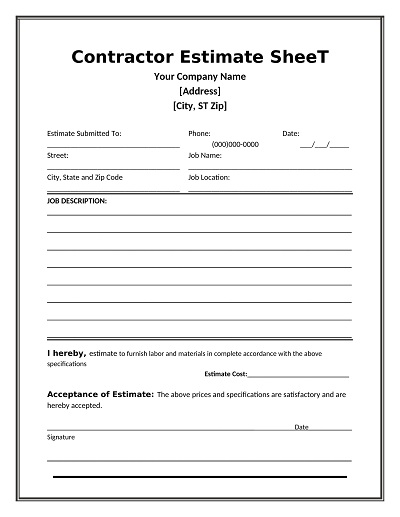 Contractor Work Estimate Sheet