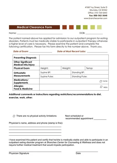 Counseling Medical Clearance Form