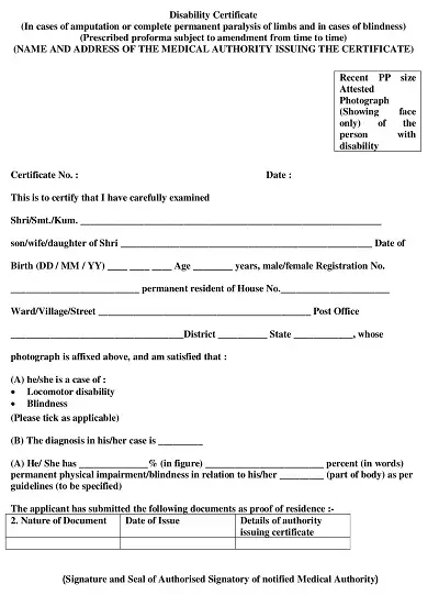 Disability Certificate Format