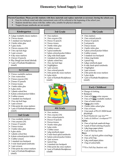 Elementary School Supply List Template
