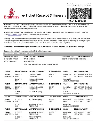 Emirates Ticket Receipt & Itinerary