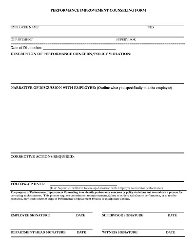 Employee Performance Improvement Counseling Form