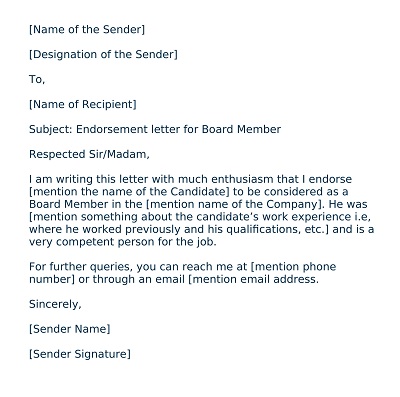 Endorsement Letter for Board Member