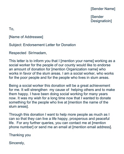 Endorsement Letter for Donation Template