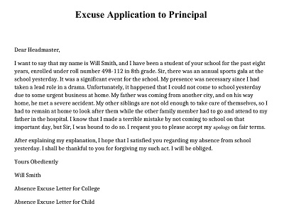 Excuse Application to Principal