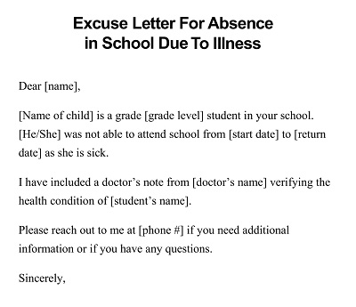 Excuse Letter For Absence in School Due To Illness