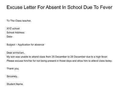 Excuse Letter For Absent In School Due To Fever