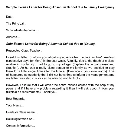 Excuse Letter for Being Absent in School due to Family Emergency