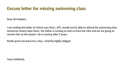 Excuse Letter for Missing Swimming Class