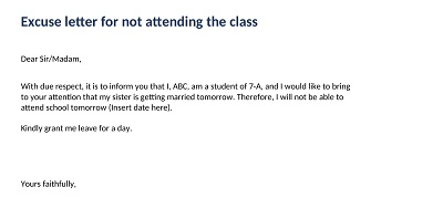 Excuse Letter for Not Attending the Class