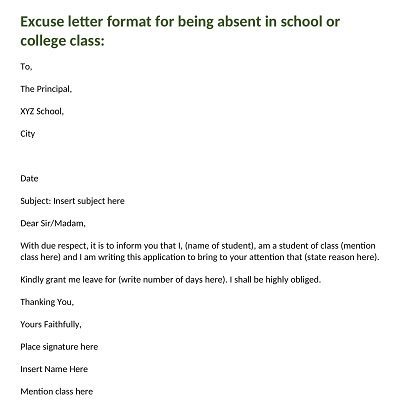 Excuse Letter for being Absent in School