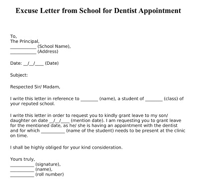 Excuse Letter from School for Dentist Appointment