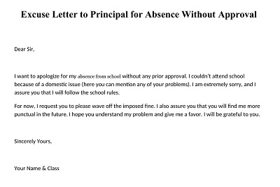 Excuse Letter to Principal for Absence Without Approval