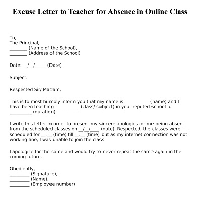 Excuse Letter to Teacher for Absence in Online Class