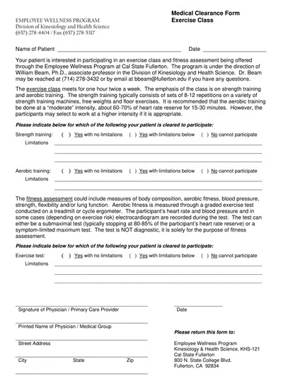 Exercise Class Medical Clearance Form