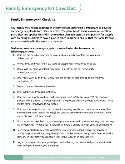 Family Emergency Kit Checklist