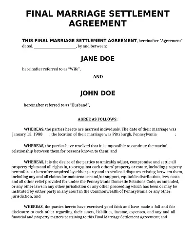 Final Marriage Settlement Agreement