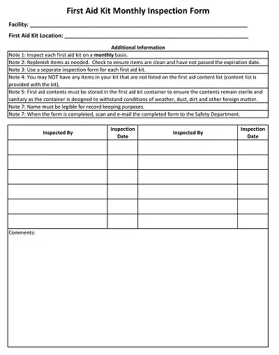 First Aid Kit Monthly Inspection Form